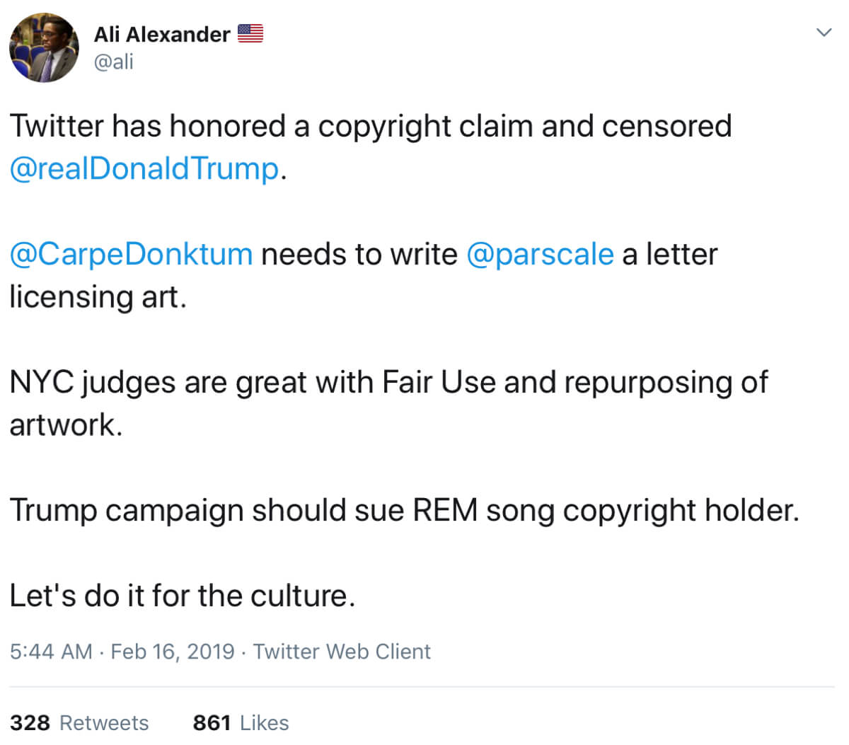 A tweet from Ali Alexander reacting to Universal’s bogus copyright claim.