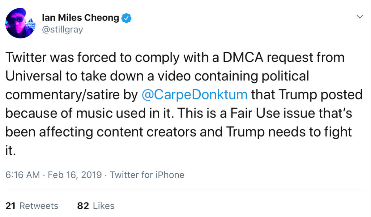 A tweet from Ian Miles Cheong reacting to Universal’s bogus copyright claim.