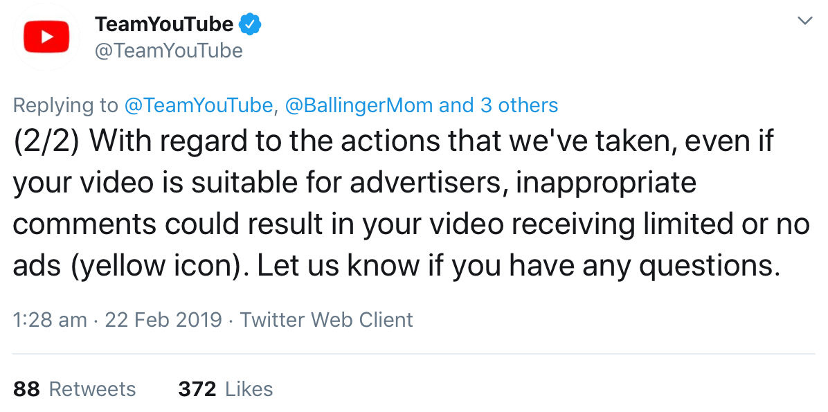 A tweet from @TeamYouTube saying that videos may be demonetized if viewers leave inappropriate comments.