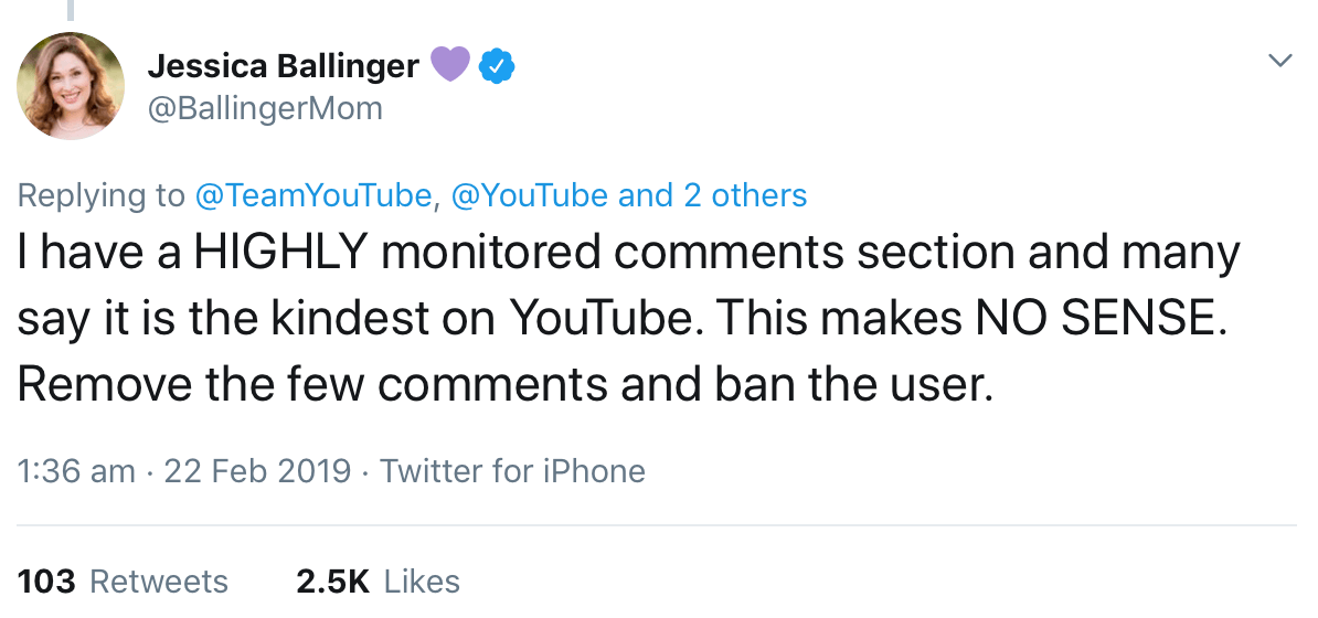 A tweet from Jessica Ballinger suggesting that YouTube should remove comments and ban the users that leave them instead of demonetizing creators.