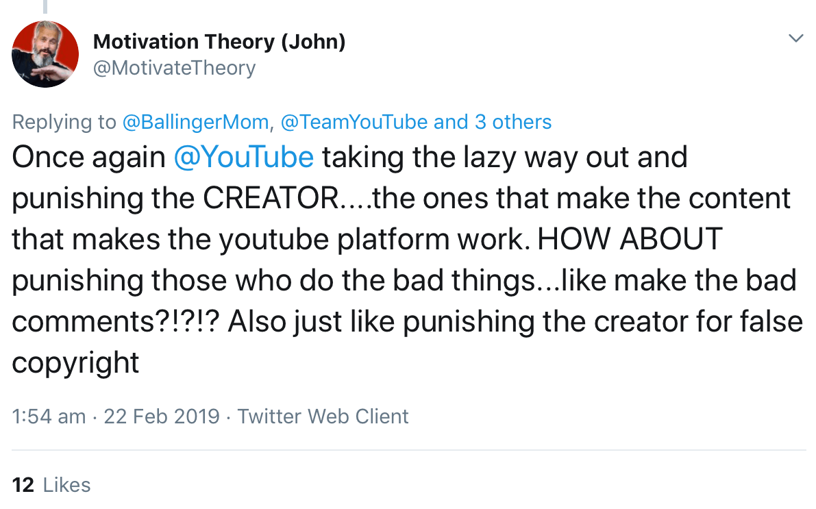 A tweet from @MotivateTheory criticizing YouTube’s decision.