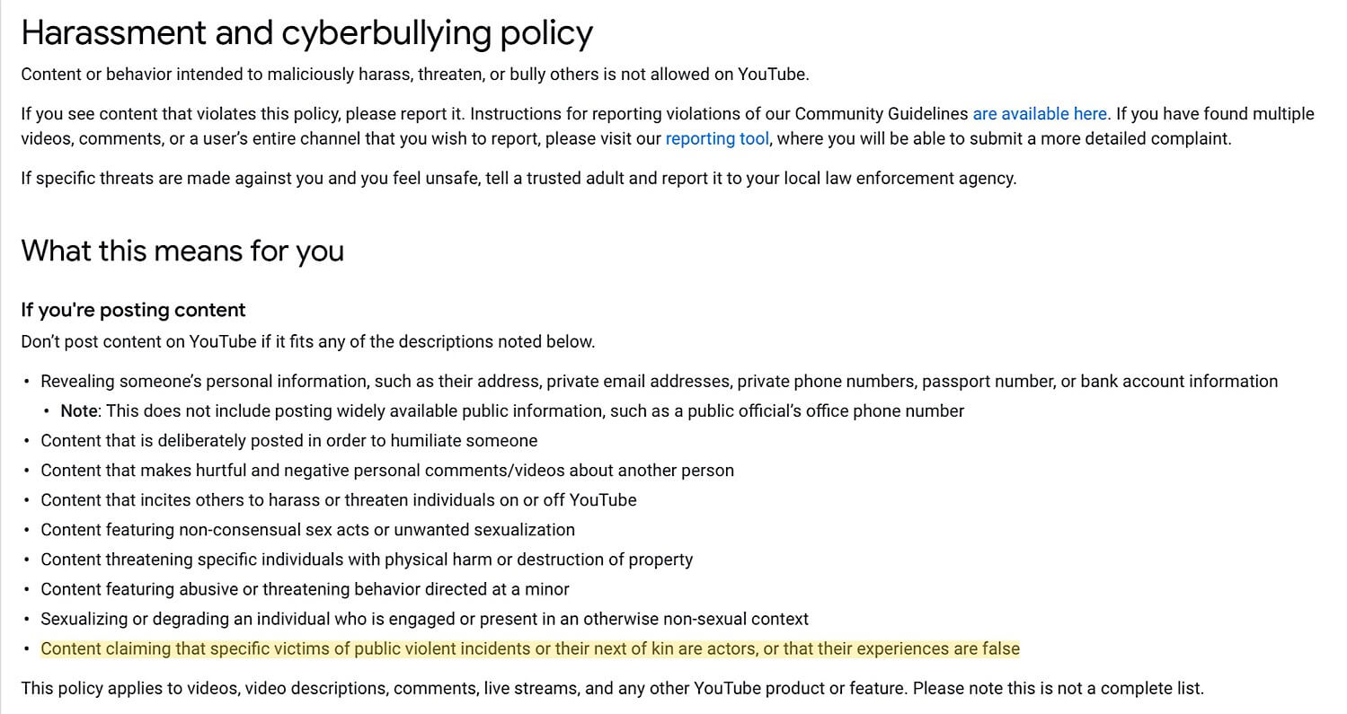 YouTube’s current harassment and cyberbullying policy with the new community guidelines violation which prohibits suggesting victims of violent crime are making false claims.