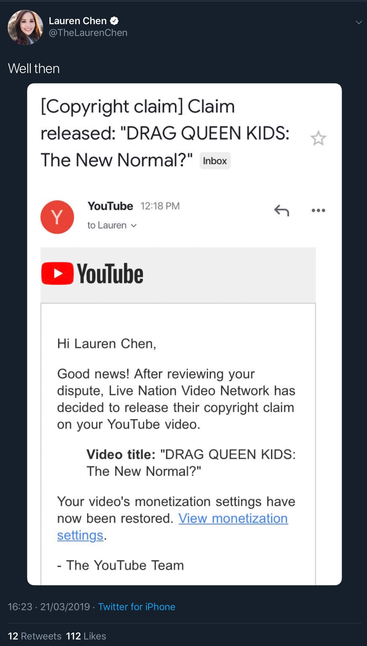 Alternative text: A tweet showing that the fake copyright claim against Lauren Chen’s video has been released.