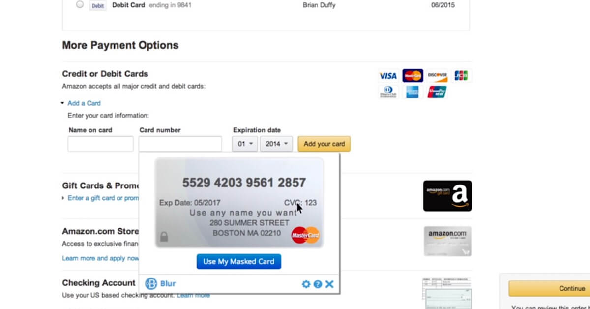 A screenshot of a Blur Masked Card being used on Amazon.