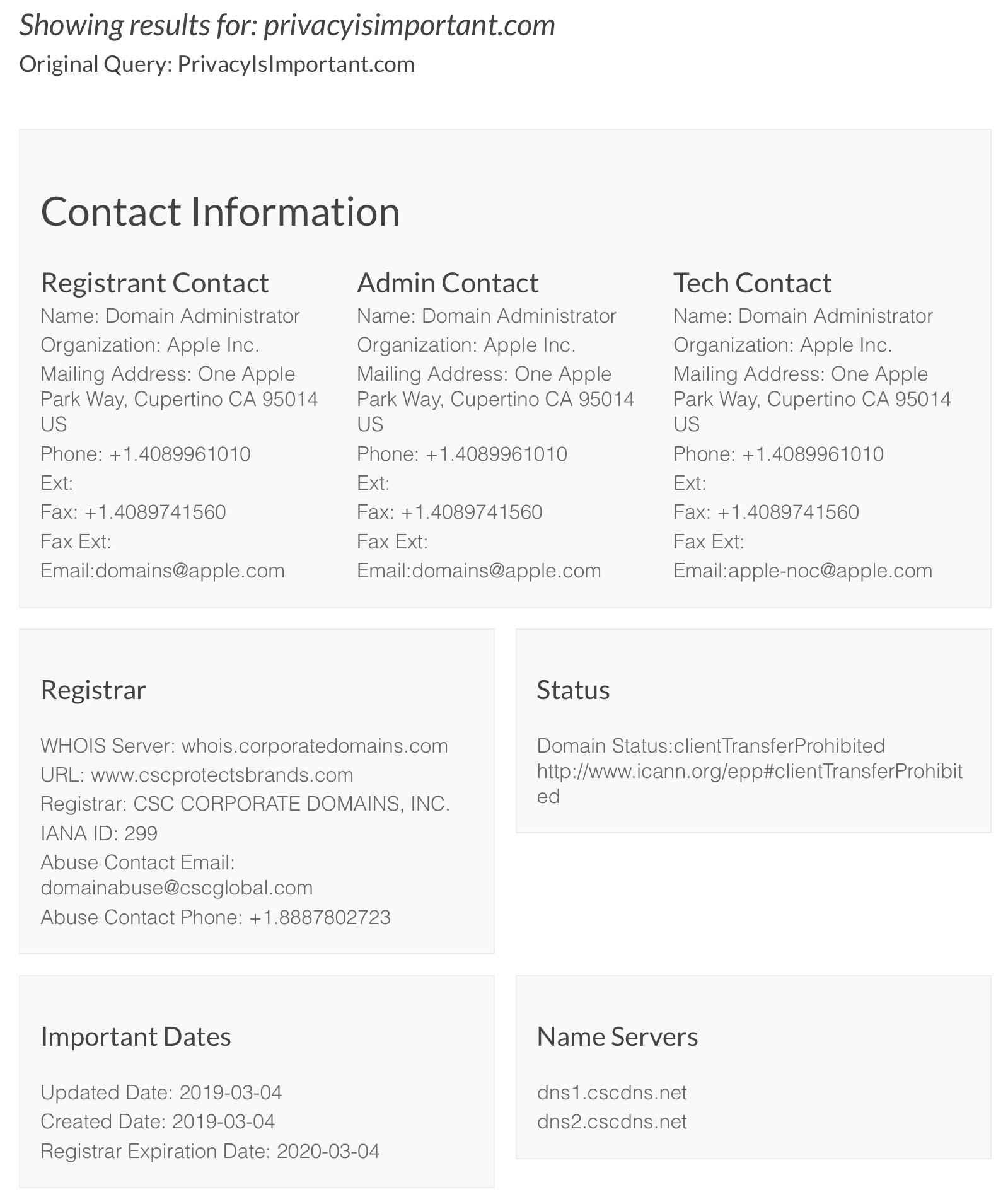 ICANN WHOIS query results showing Apple’s registration of PrivacyIsImportant.com.