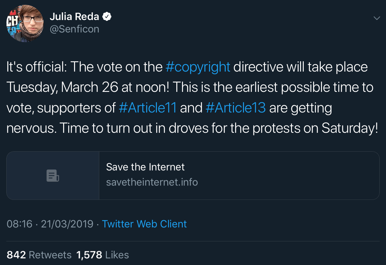A tweet from MEP Julia Reda confirming the date of the final vote on the EU Copyright Directive.