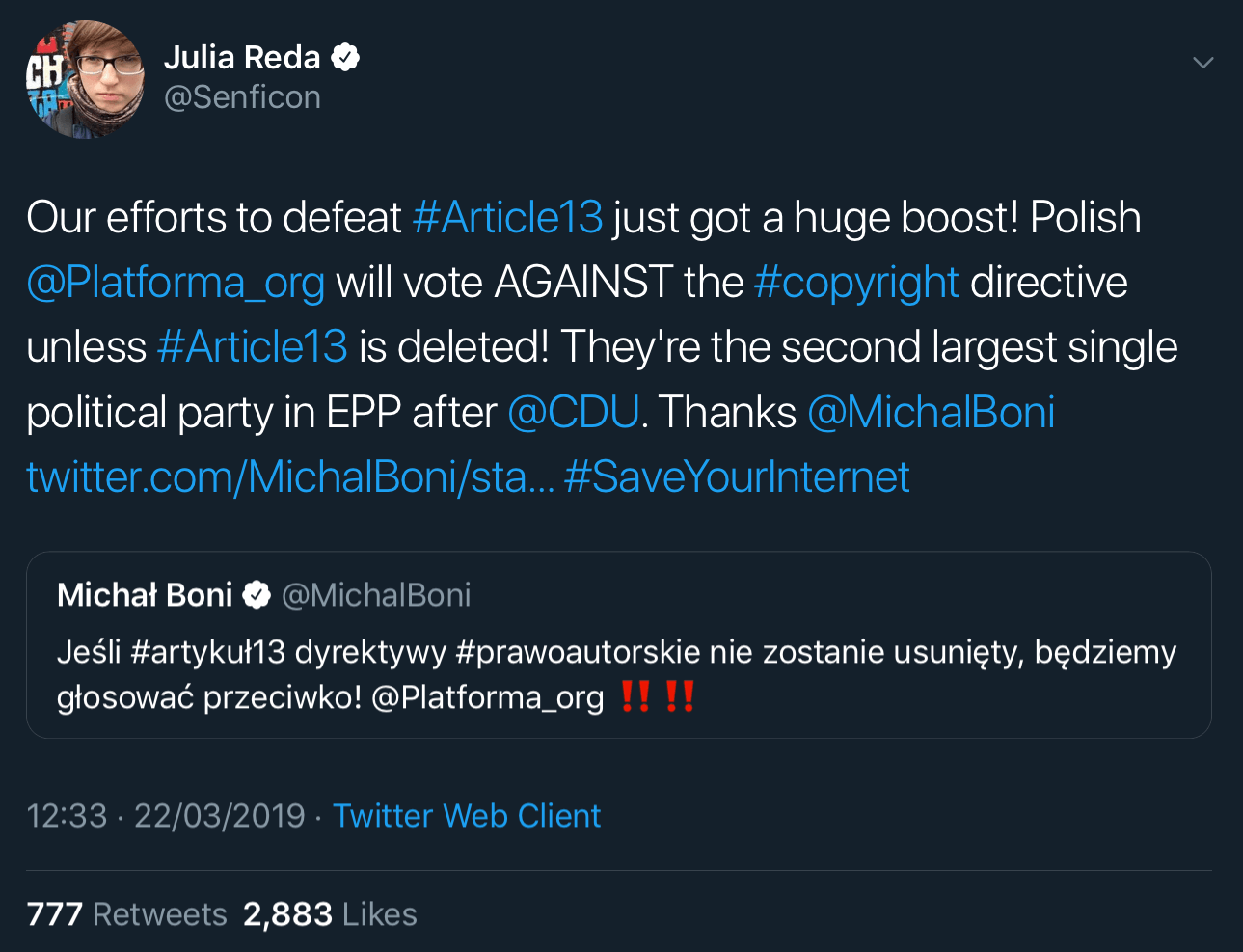 A tweet from MEP Julia Reda showing that Platforma will be voting against the EU Copyright Directive unless Article 13 is removed.