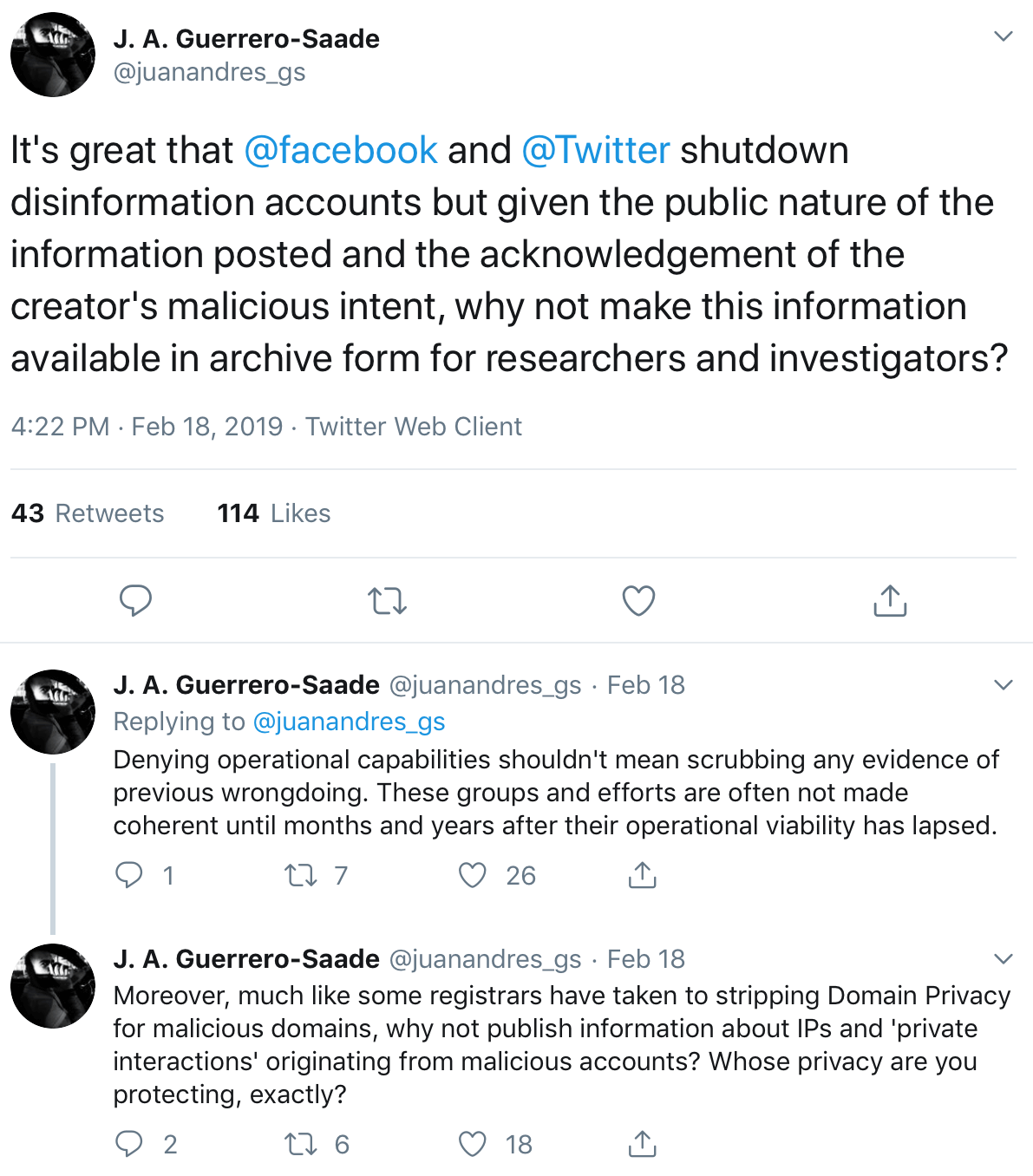 A tweet from a researcher highlighting the downsides of removing disinformation accounts from social media.