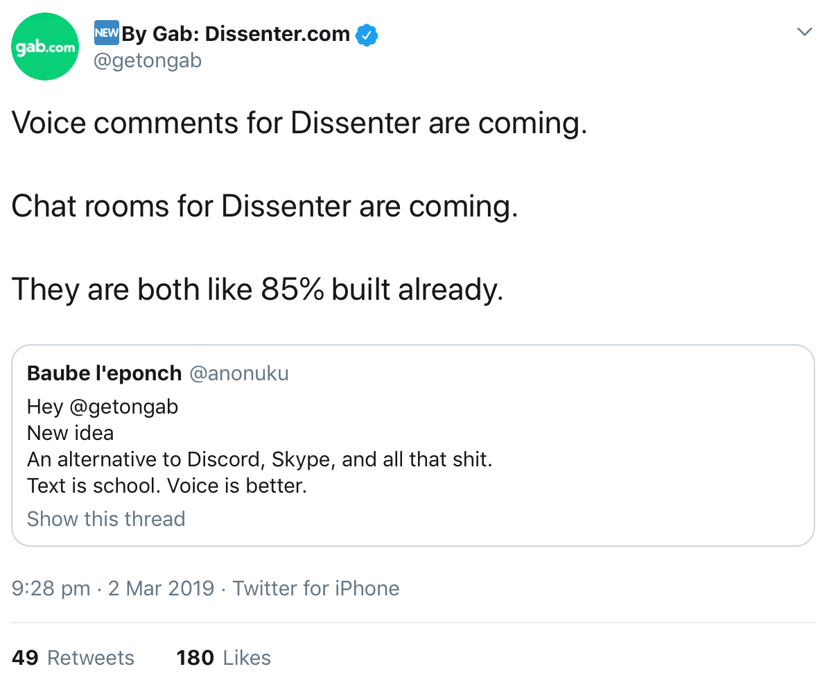  A tweet announcing voice comments and chat rooms for Dissenter are 85% built.