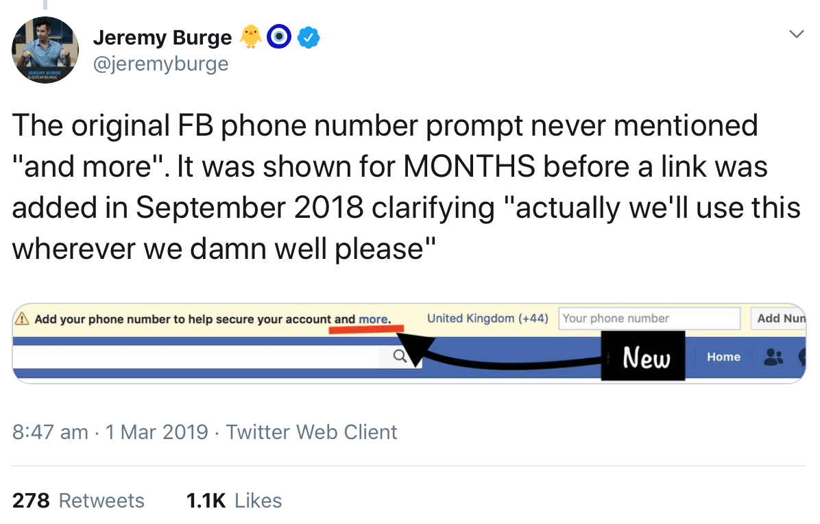 A tweet from @jeremyburge showing how Facebook used misleading messaging for months when encouraging users to submit their phone numbers for improved account security.