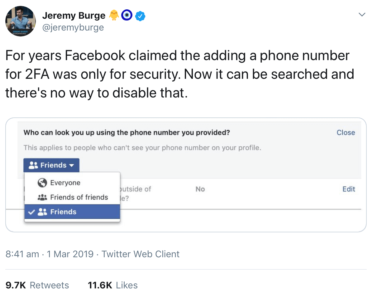 A tweet from @jeremyburge showing that Facebook phone number search cannot be disabled.