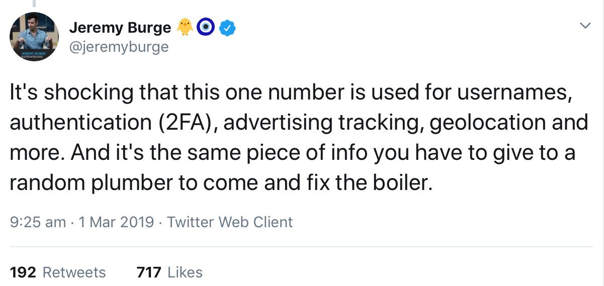 A tweet from @jeremyburge highlighting how one phone number is used to string together multiple pieces of personally identifiable information.