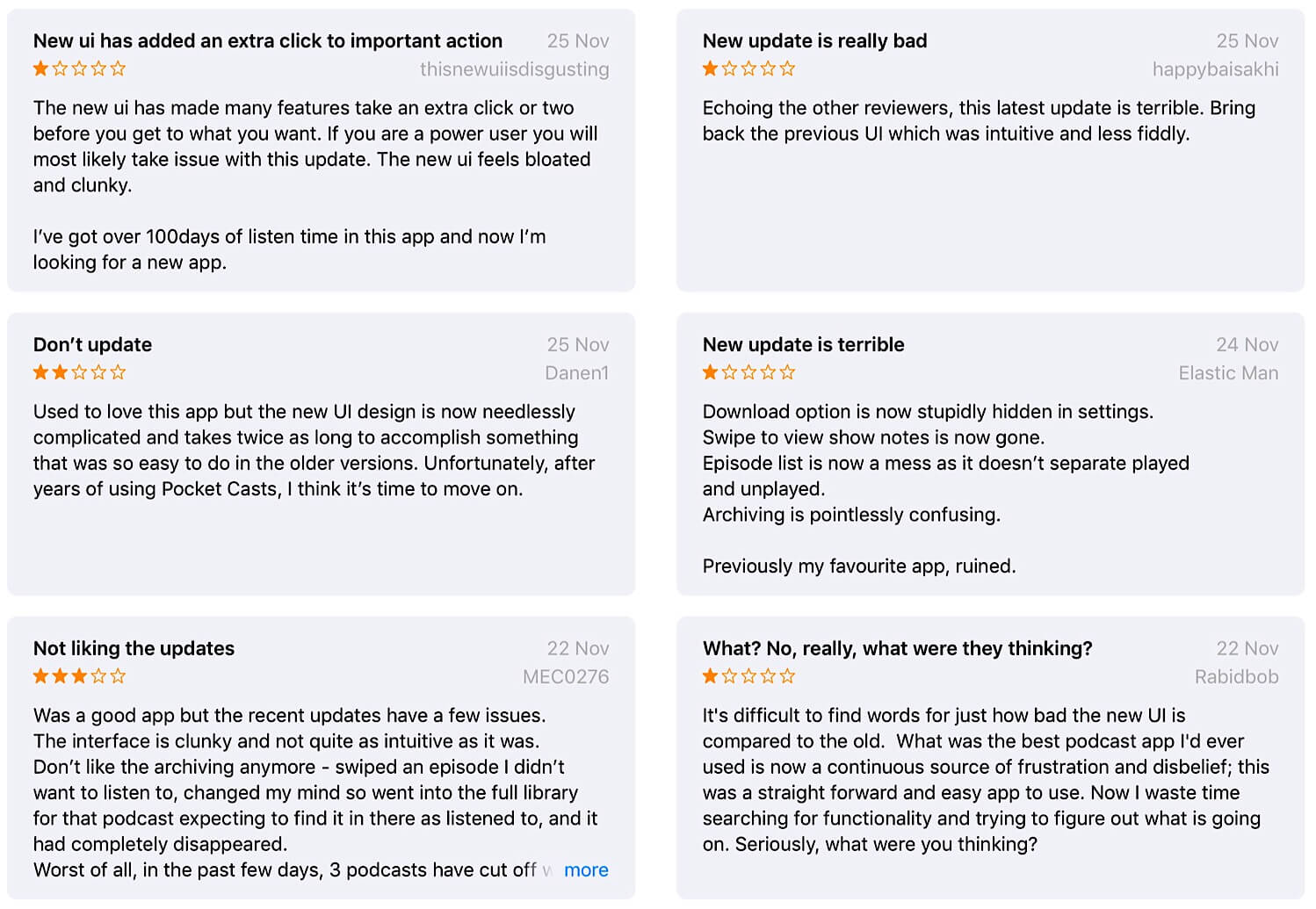 Negative reviews of Pocket Casts version 7 on the iOS App Store.