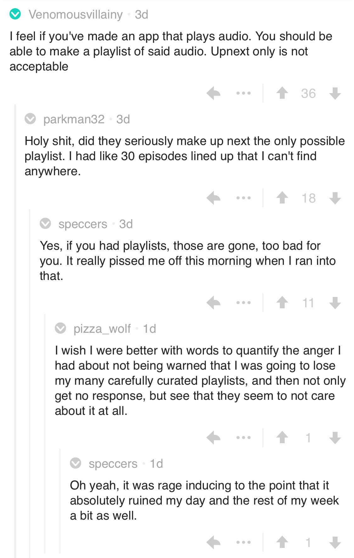 Reddit users expressing their frustrations with the version 7 update of the Pocket Casts app.