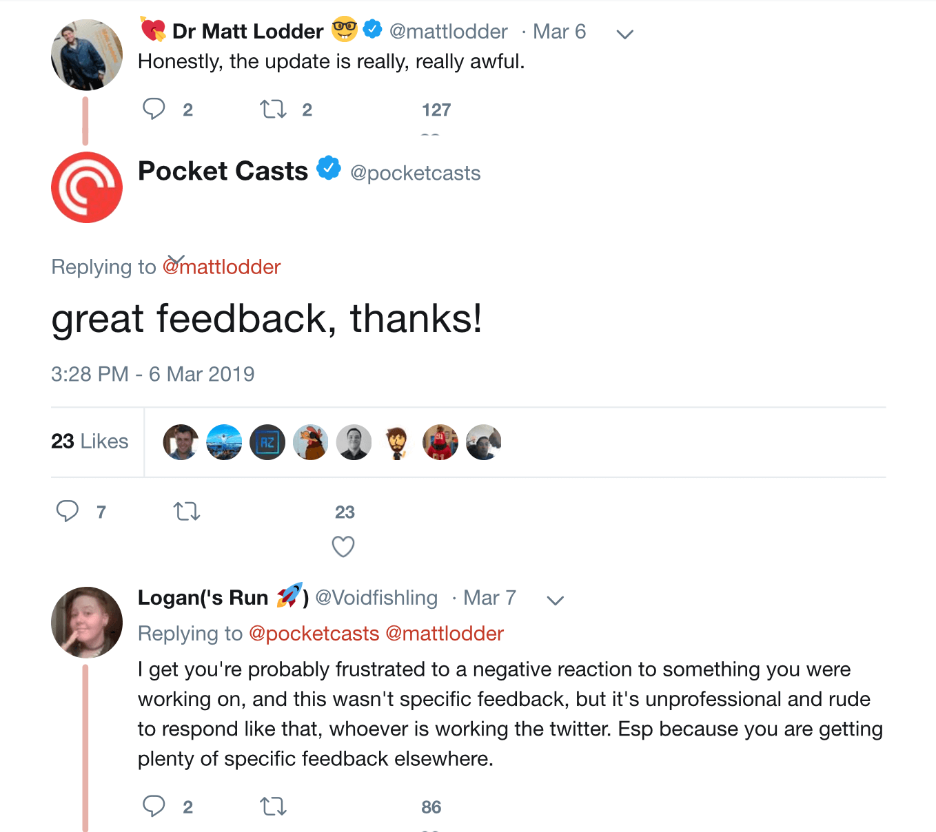 Alternative text: @pocketcasts replying to @mattlodder on Twitter.