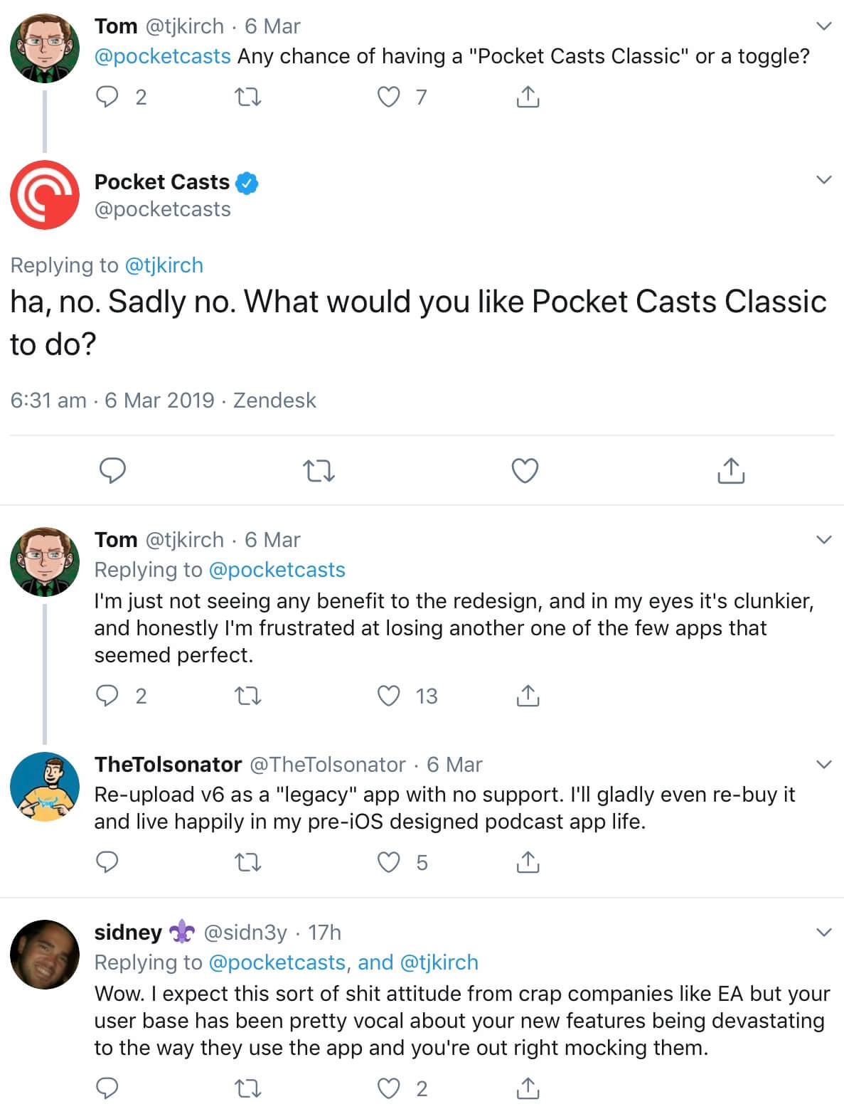 @pocketcasts replying to @tjkirch on Twitter.