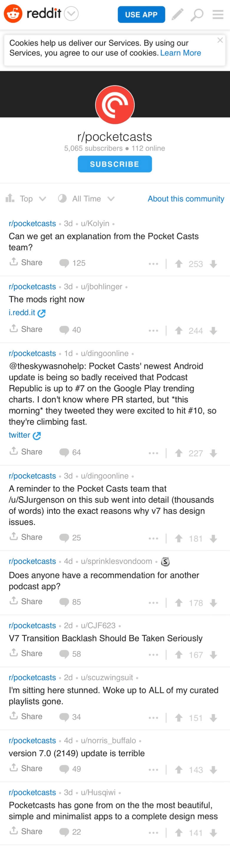 The top 10 posts in r/pocketcasts on March 10, 2019.