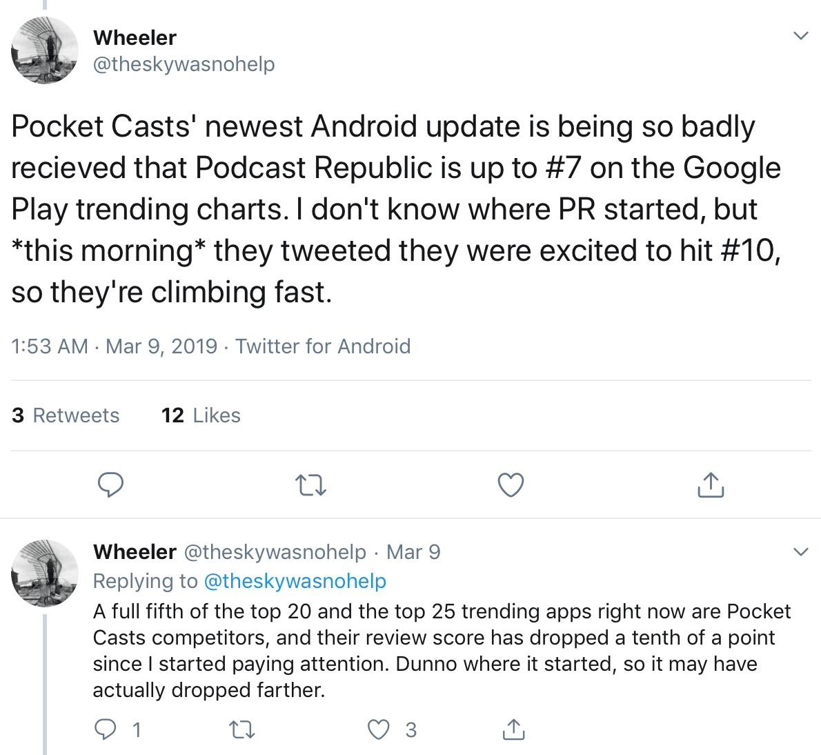 @theskywasnohelp tweeting about the latest Pocket Casts Android update and the surge in popularity for Podcast Republic.