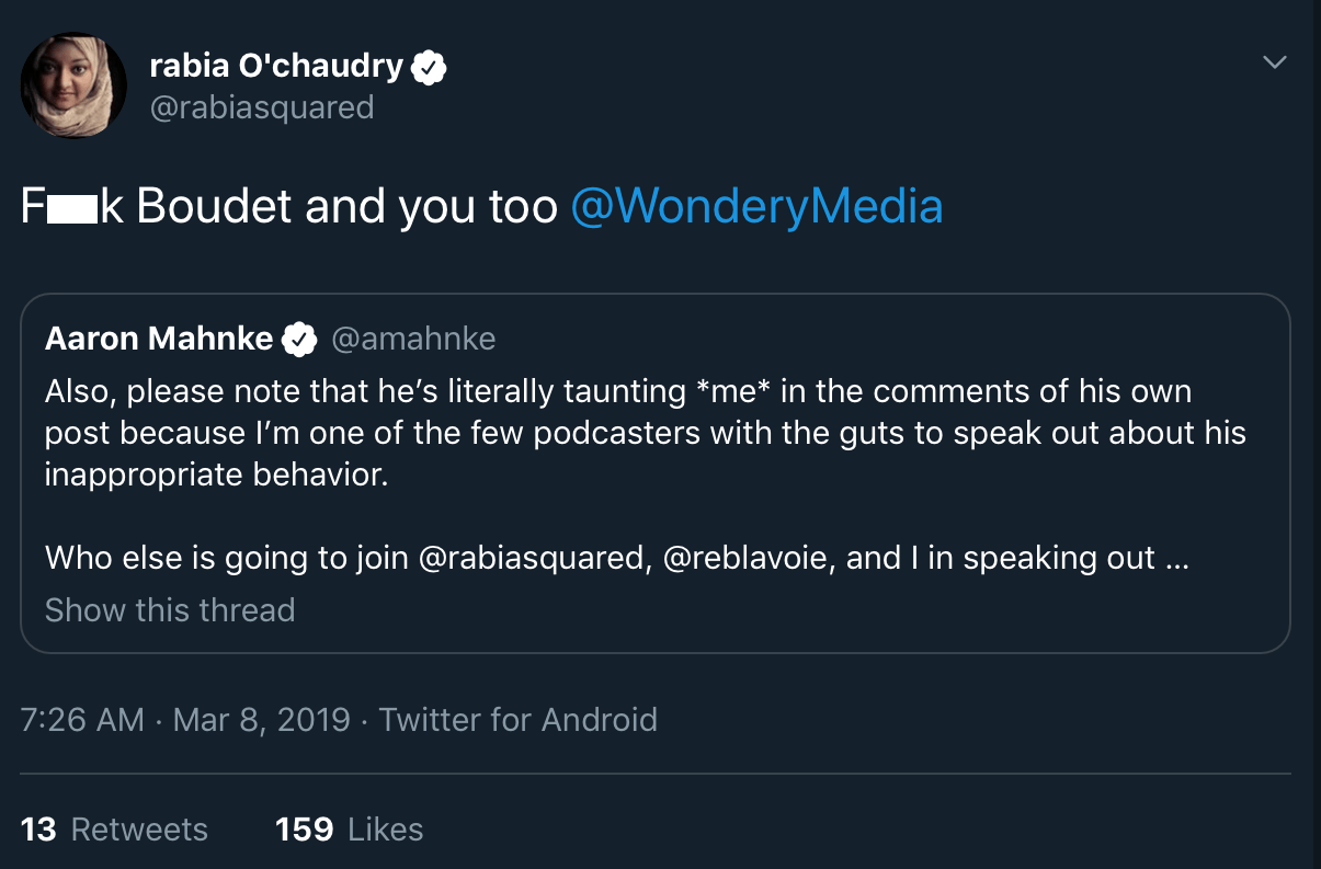 Rabia Chaudry retweeting a call for Boudet and Sword and Scale to be dropped by Wondery.