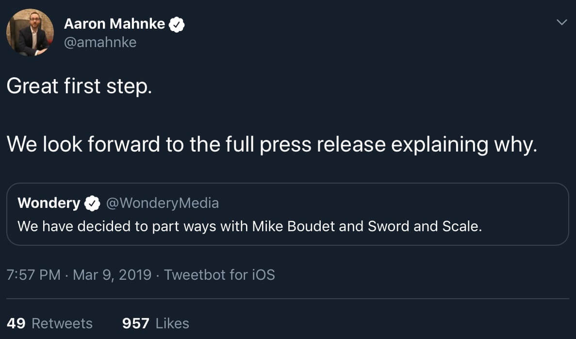 Aaron Mahnke retweeting a call for Boudet and Sword and Scale to be dropped by Wondery.
