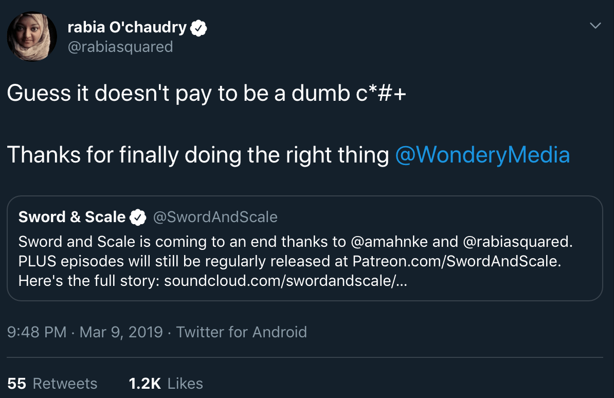 Rabia Chaudry retweeting a call for Boudet and Sword and Scale to be dropped by Wondery.