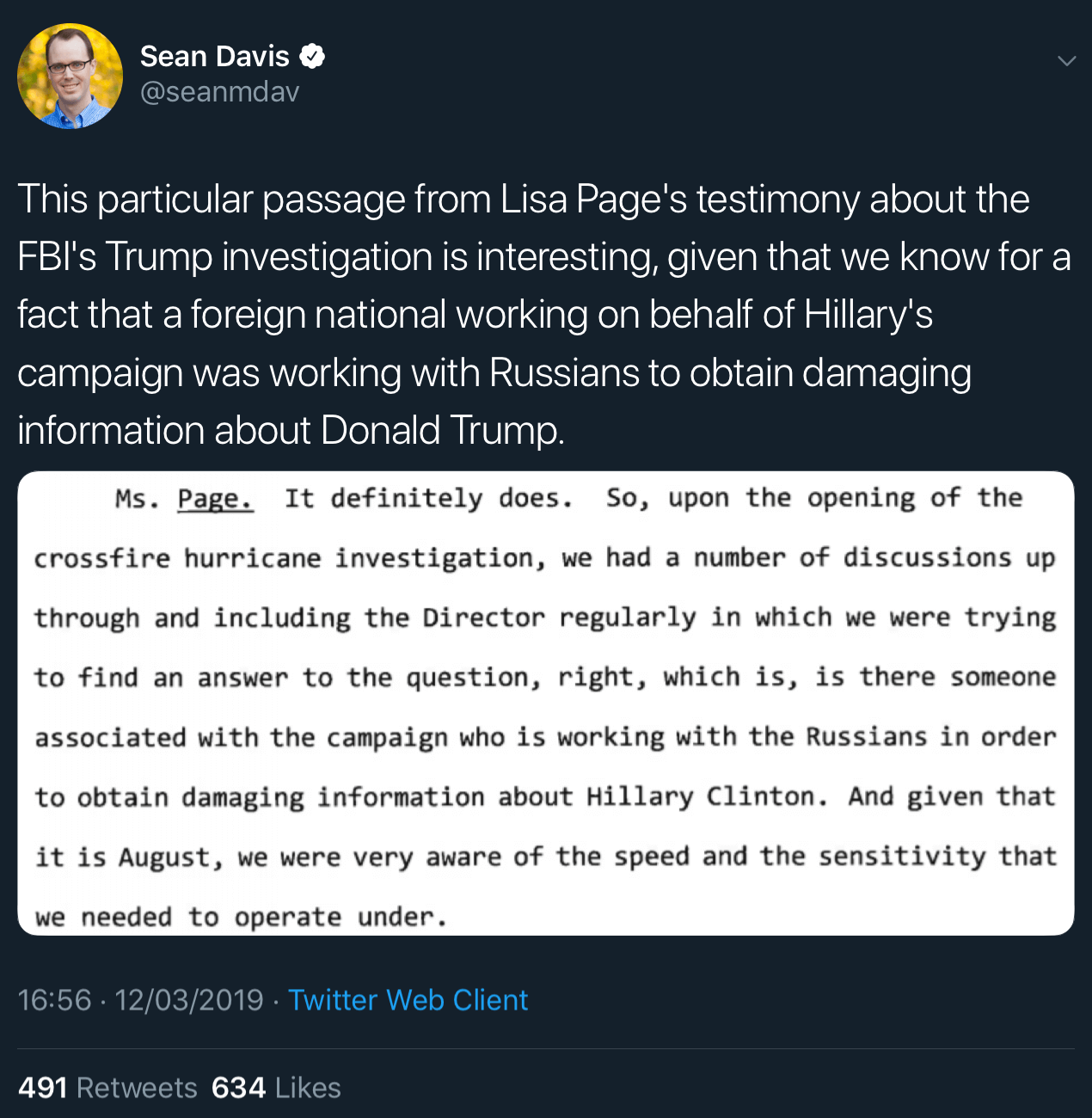 Sean Davis’ tweet about Lisa Page’s testimony which appears to have been shadowbanned.