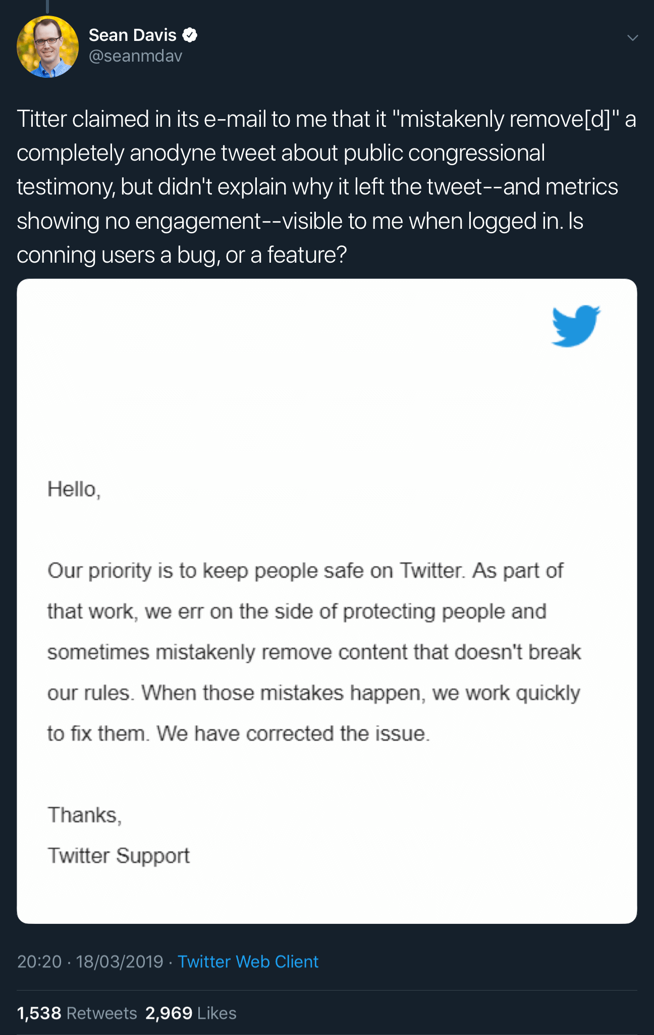Sean Davis' tweet showing the email from Twitter which seems to confirm the shadowban.