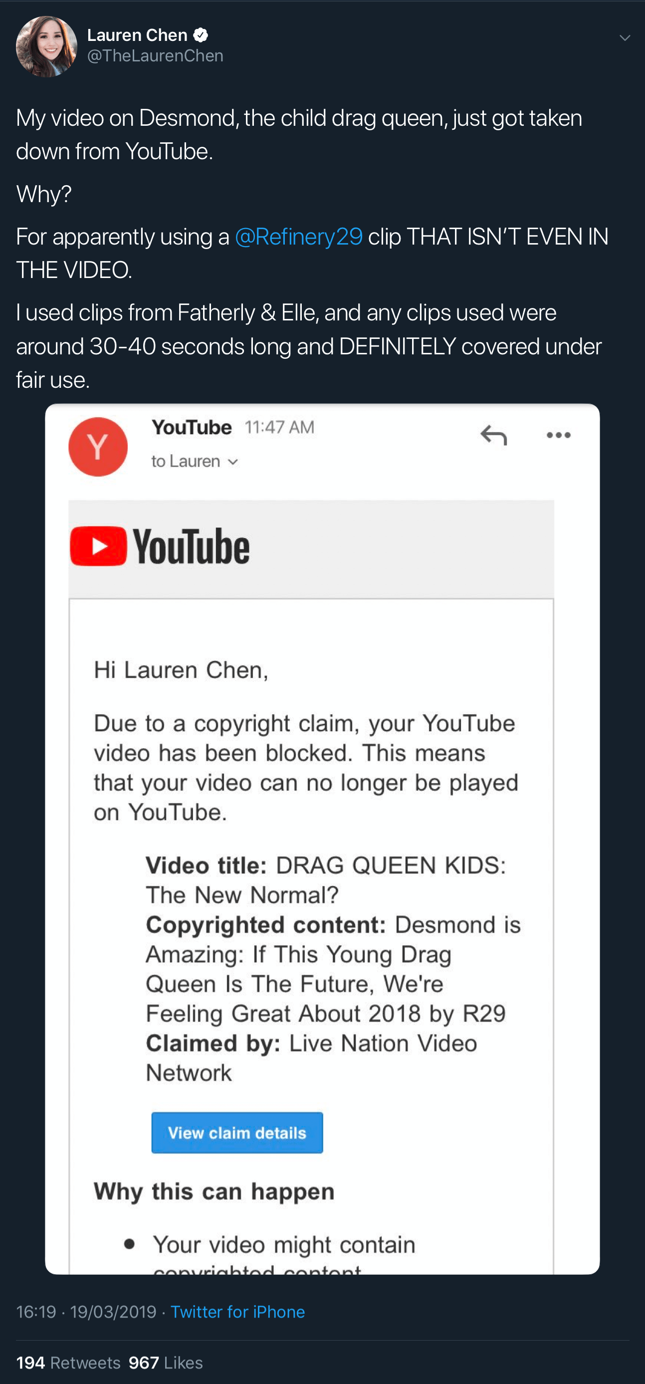 A tweet showing the fake YouTube copyright claim against Lauren Chen.