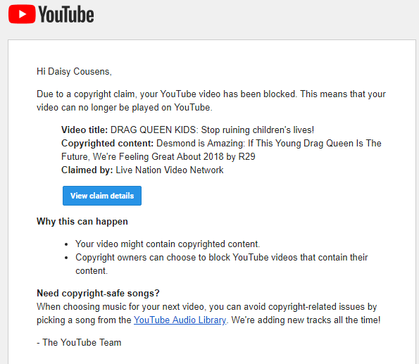 The full photo of the first fake copyright claim from Live Nation Video Network for Daisy Cousens’ video titled “DRAG QUEEN KIDS: Stop ruining children’s lives!”