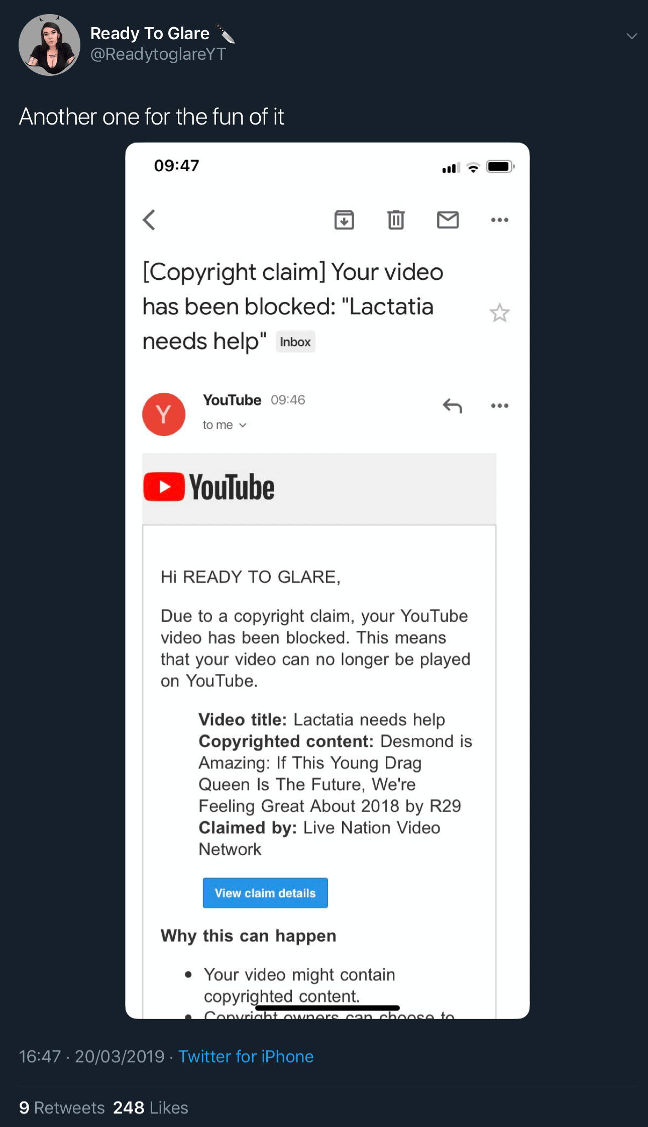 A tweet showing the second fake YouTube copyright claim against Ready To Glare for her video titled “Lactatia Needs Help.”