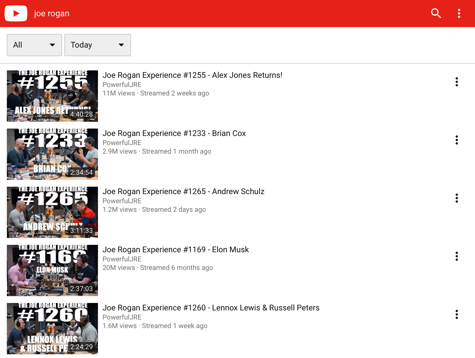 Search results for “Joe Rogan” on YouTube with the “Today” filter applied.