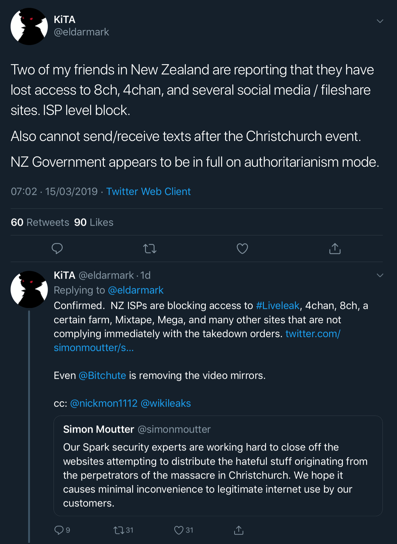 Twitter user @eldarmark confirming that New Zealand ISPs are blocking access to sites that are not immediately complying with takedown orders.