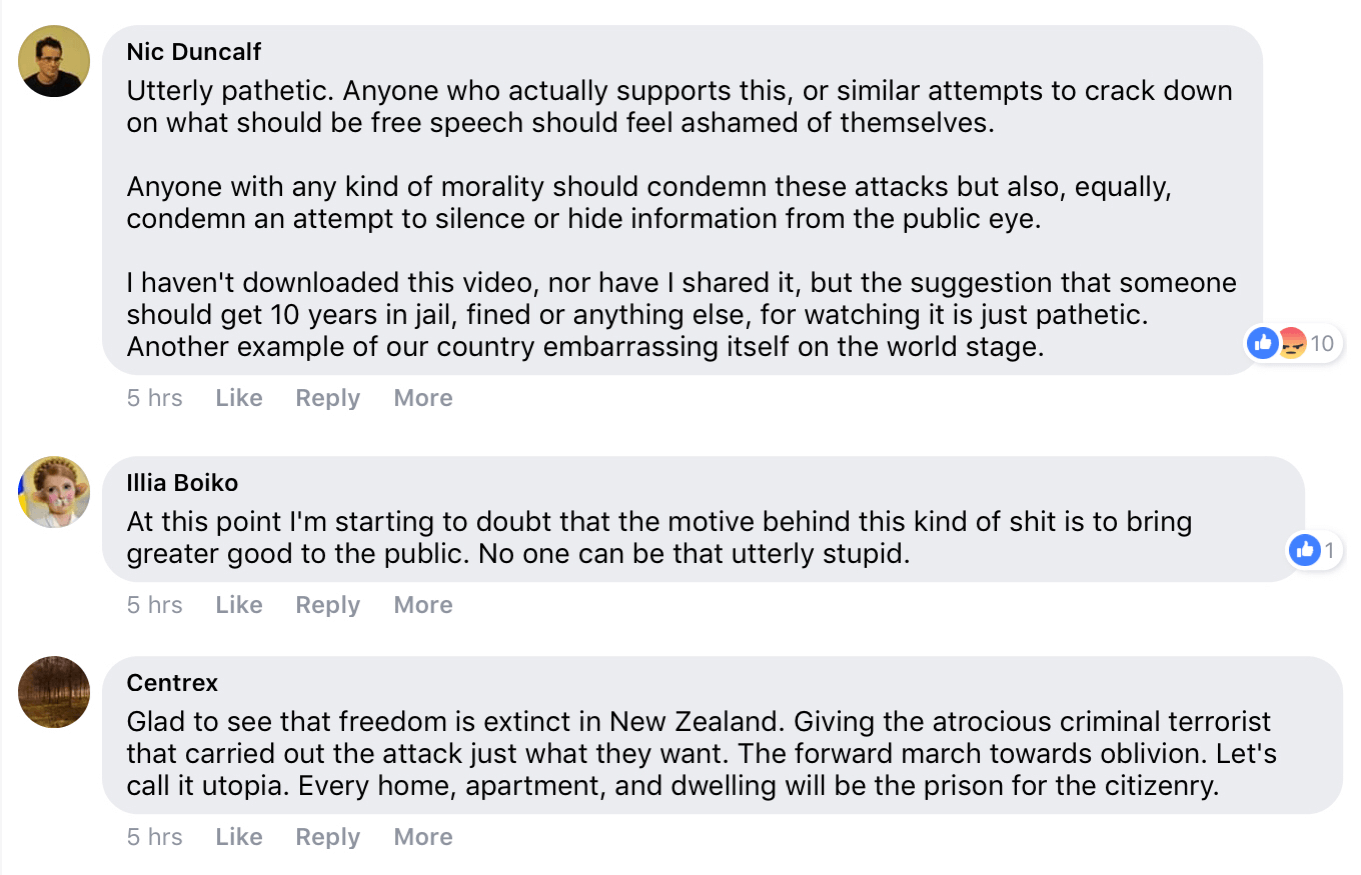 Replies to the New Zealand police’s announcement that it’s a criminal offense to share, download, or own videos of the New Zealand mass shooting.