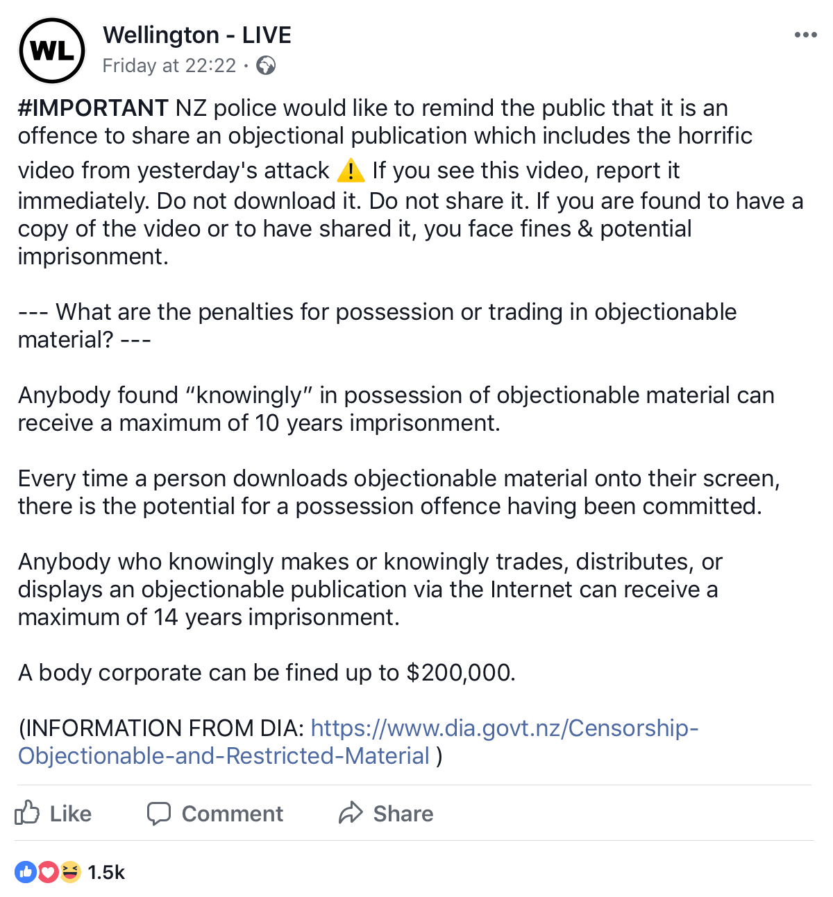 A message from the New Zealand police telling citizens that it’s a criminal offense to share, download, or own videos of the New Zealand mass shooting.