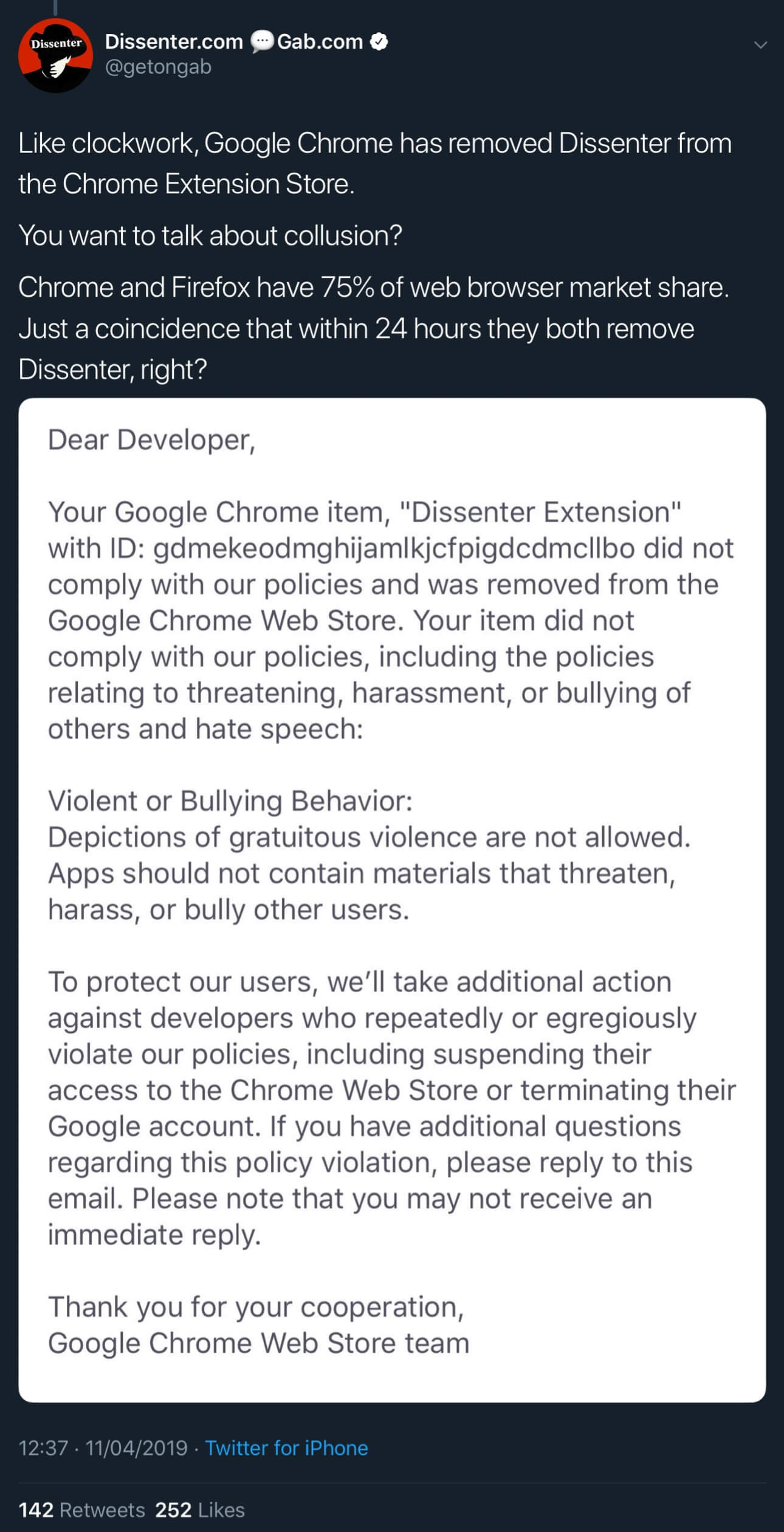Google’s email to Dissenter saying the extension has been removed for violating its policies related to threatening, harassment, bullying, and hate speech.