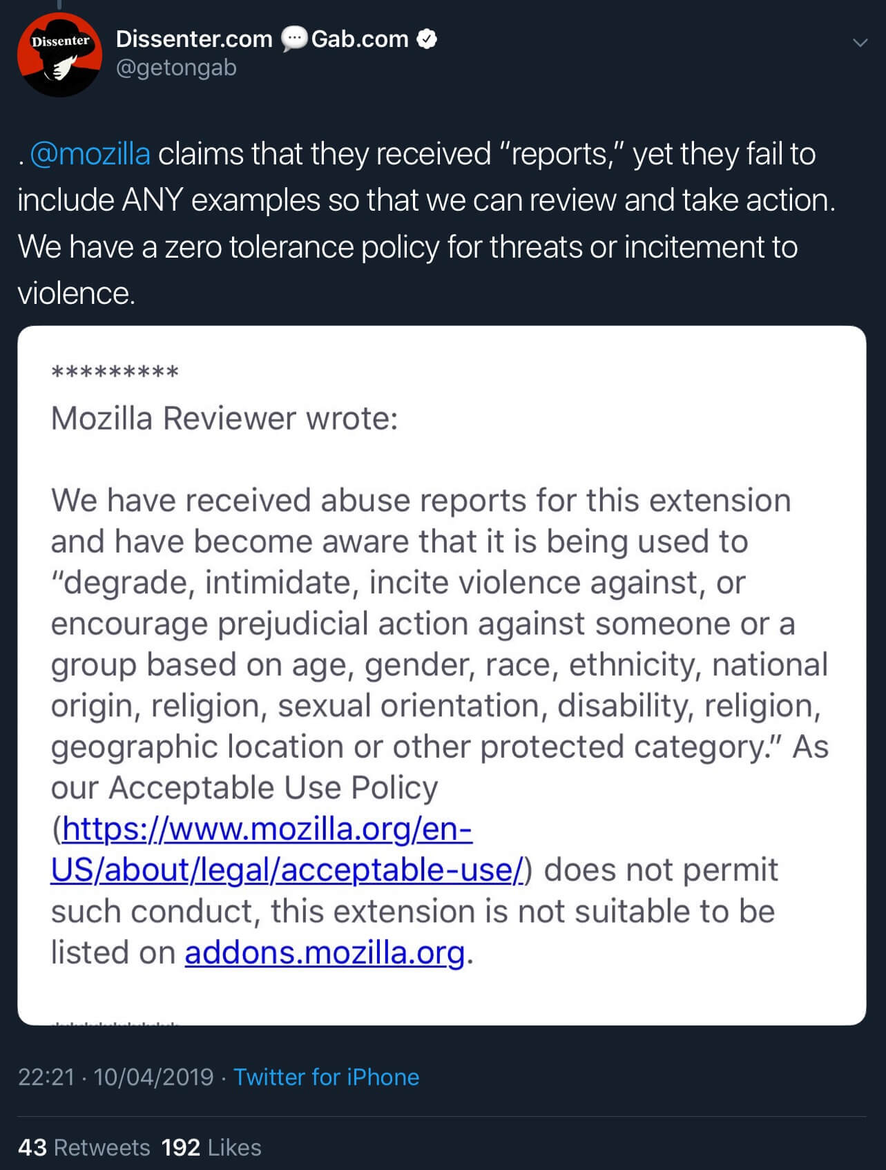 The email from Mozilla providing further details on how Dissenter violated its Acceptable Use Policy.