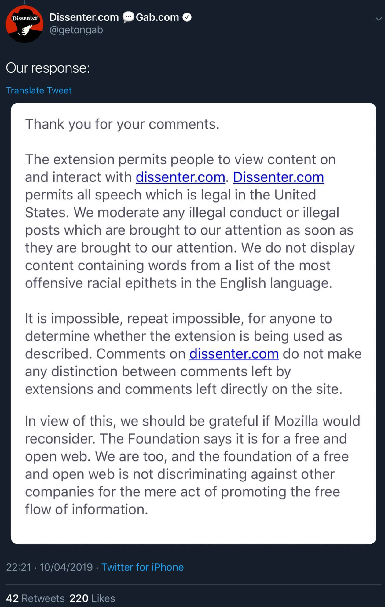 Dissenter’s email replying to Mozilla and asking it to reconsider the ban.