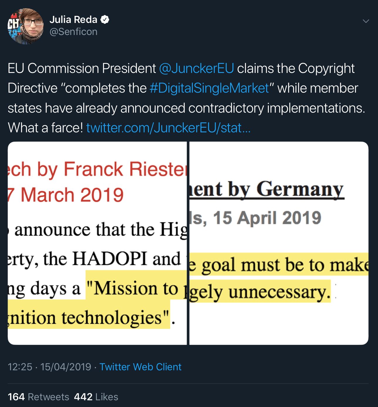 Julia Reda's tweet about France and Germany's conflicting statements on Article 13's requirement for online platforms to start using upload filters.