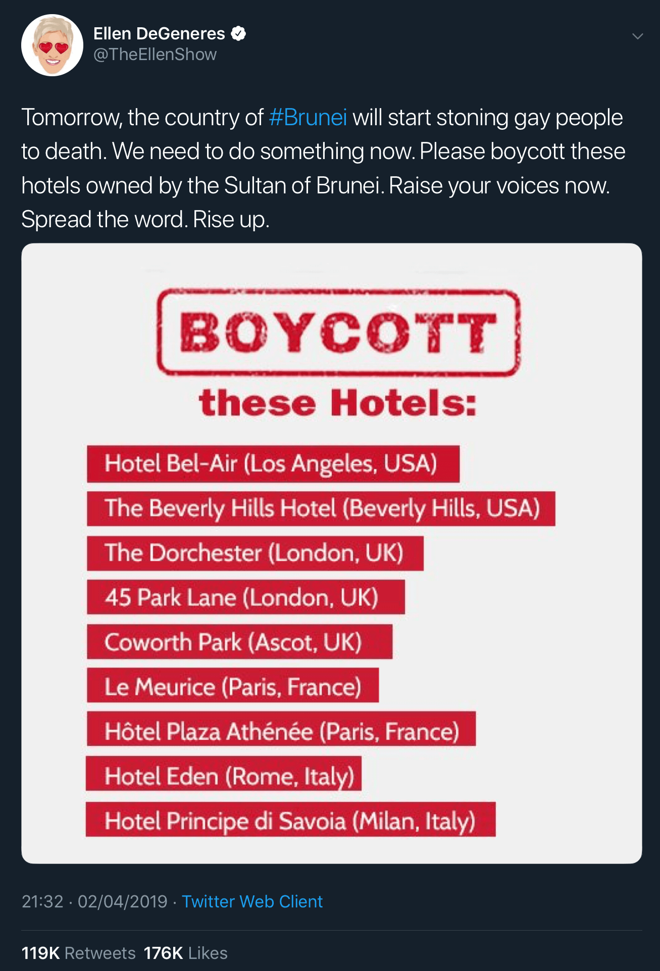 Ellen DeGeneres listing the hotels owned by the Sultan of Brunei and calling on the public to boycott them.