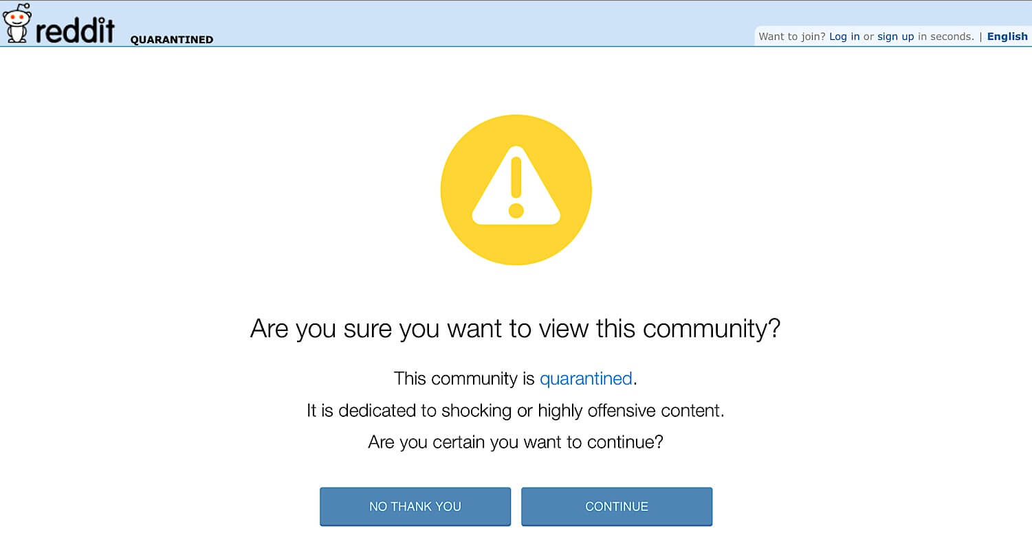 The Reddit quarantined warning message that appears when people try to access the r/SargonofAkkad subreddit.