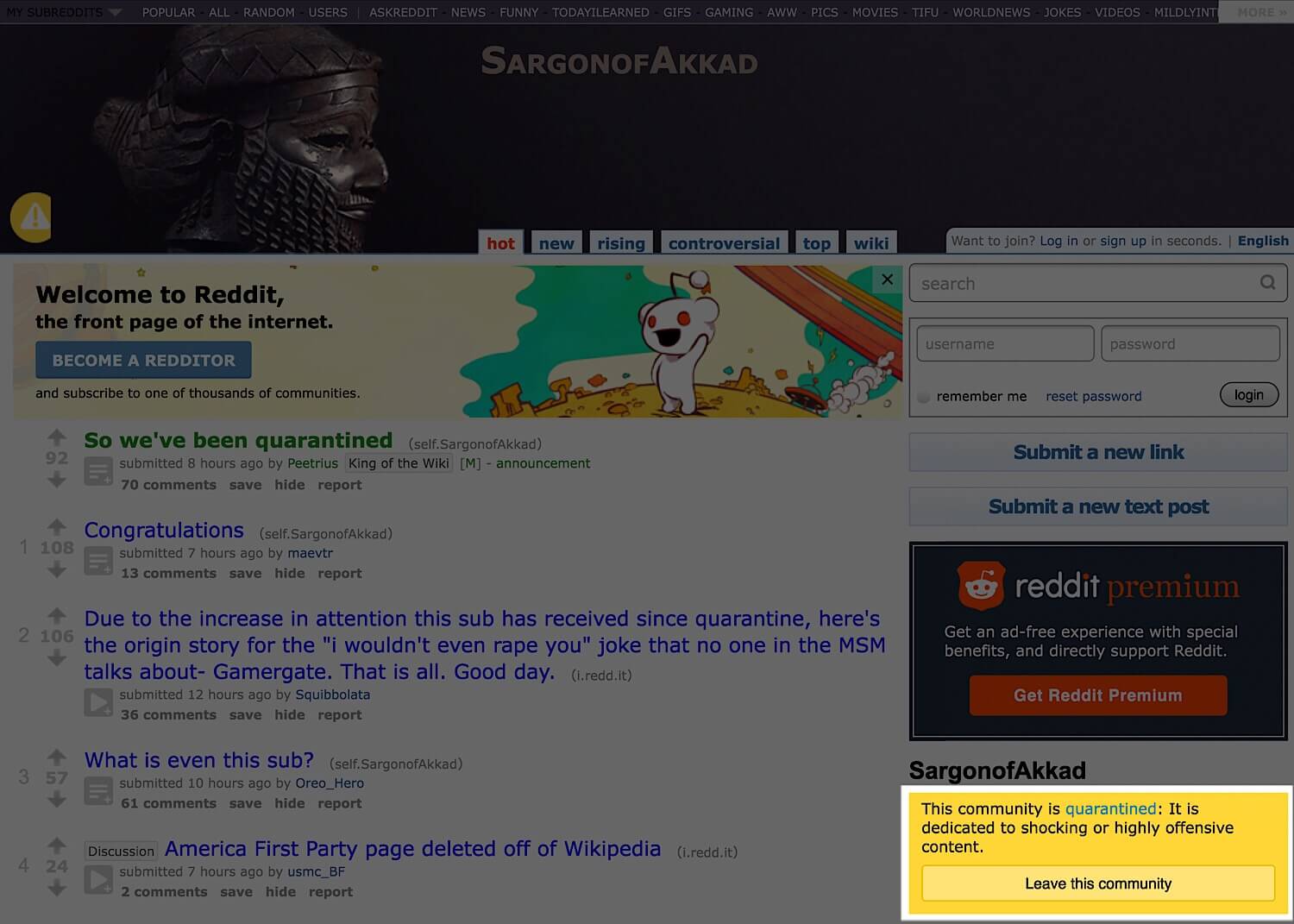 The Reddit quarantined warning message that appears in the sidebar of the r/SargonofAkkad subreddit.