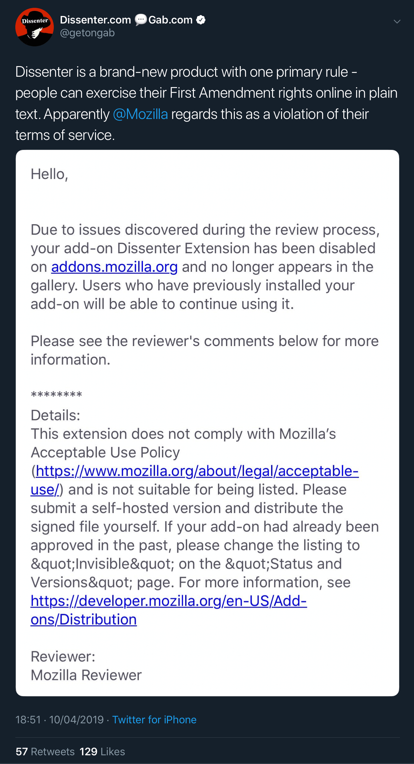 The email informing Dissenter that it has been disabled and will no longer appear in the Firefox extensions gallery.