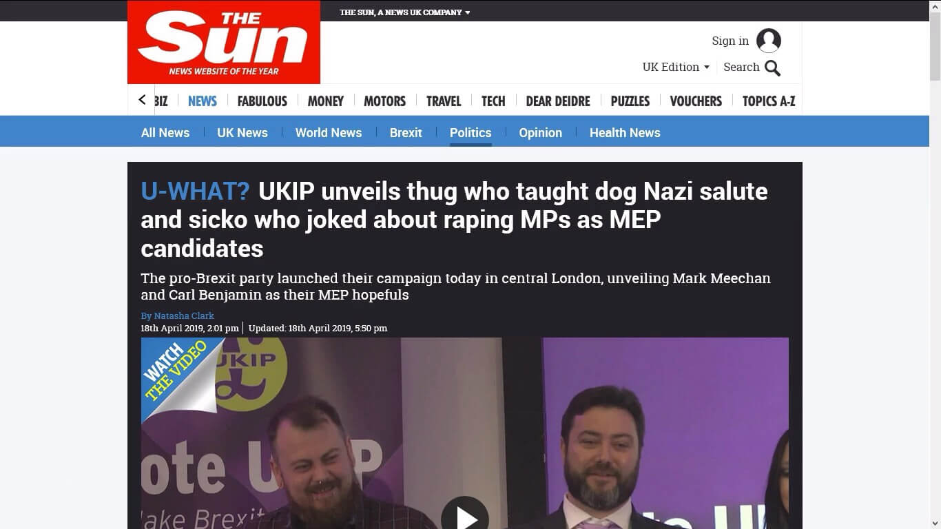 The Sun’s article about Carl Benjamin and Mark Meechan being unveiled as UKIP MEP candidates.