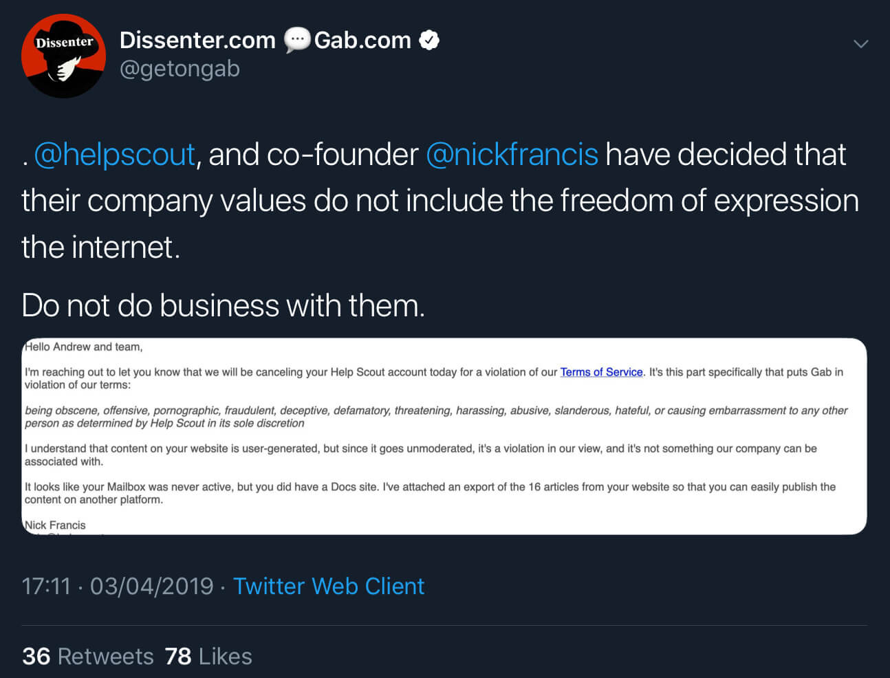 Gab announcing that their Help Scout account has been canceled.