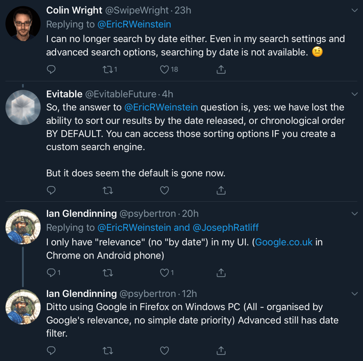 Twitter users confirming they have lost the ability to “sort by date” on Google search results.