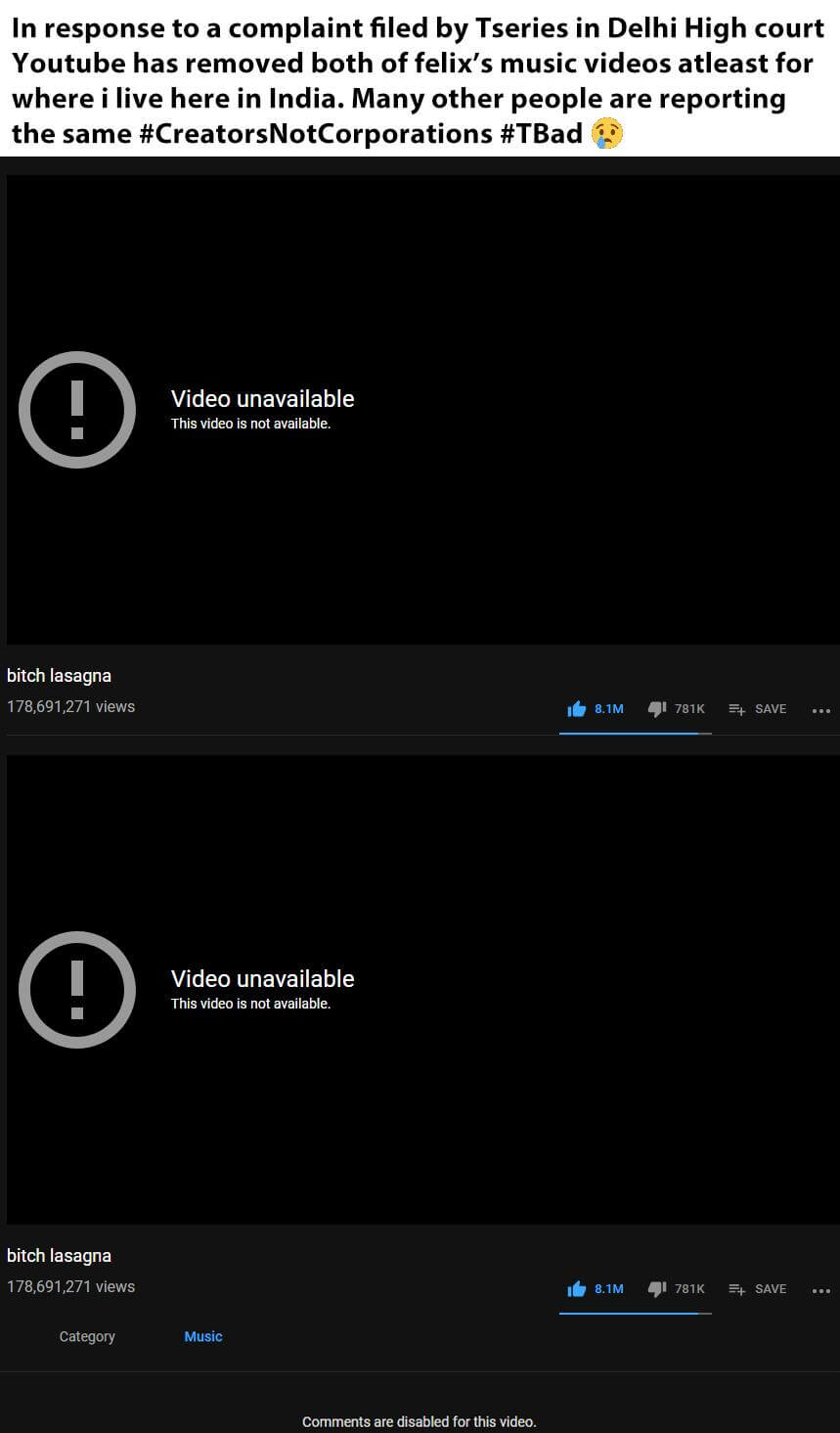 The “Video unavailable” message that shows when people try to access the PewDiePie diss tracks in India.
