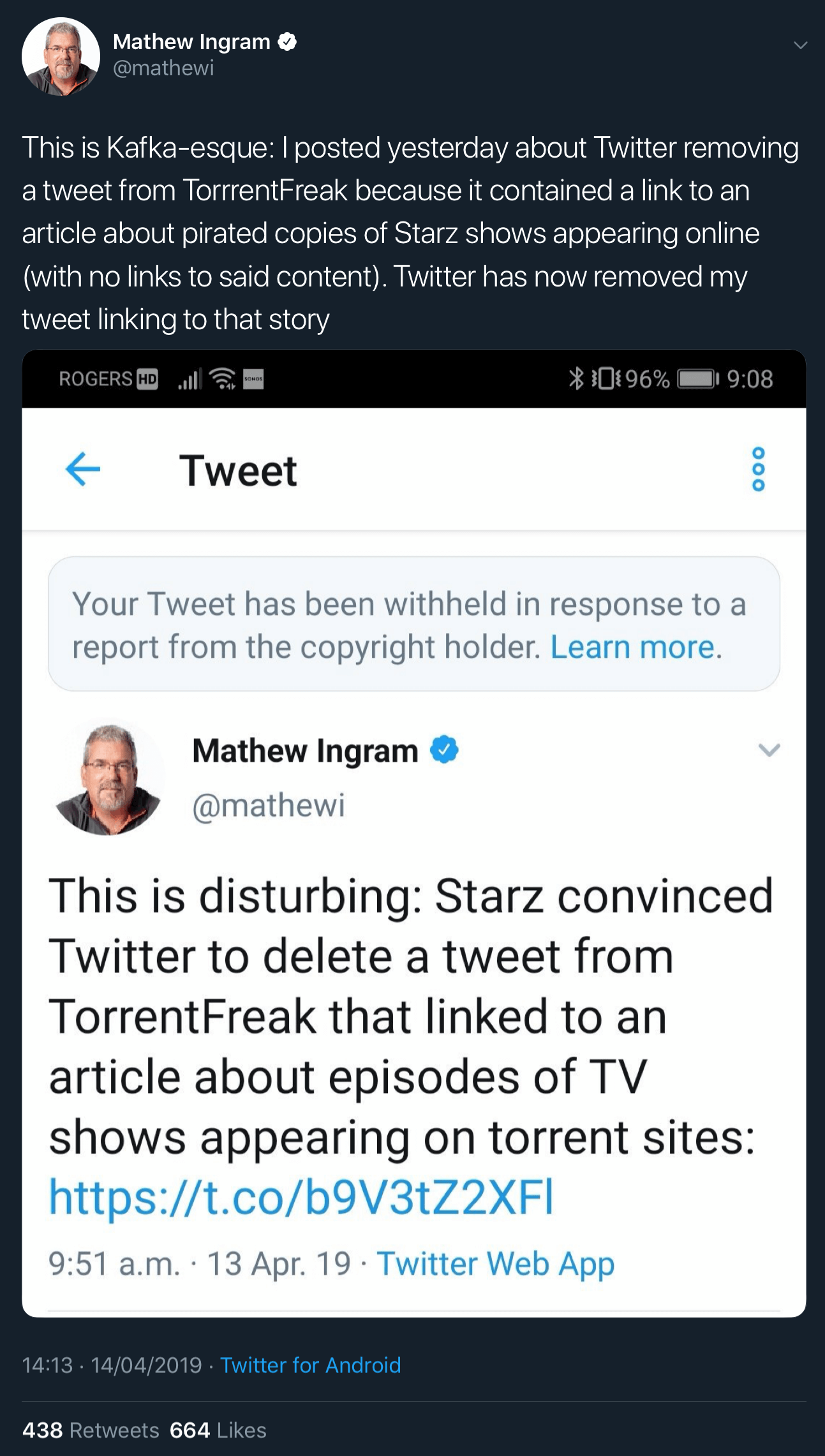 Twitter user Matthew Ingram having his tweet withheld for linking to TorrentFreak’s response article.