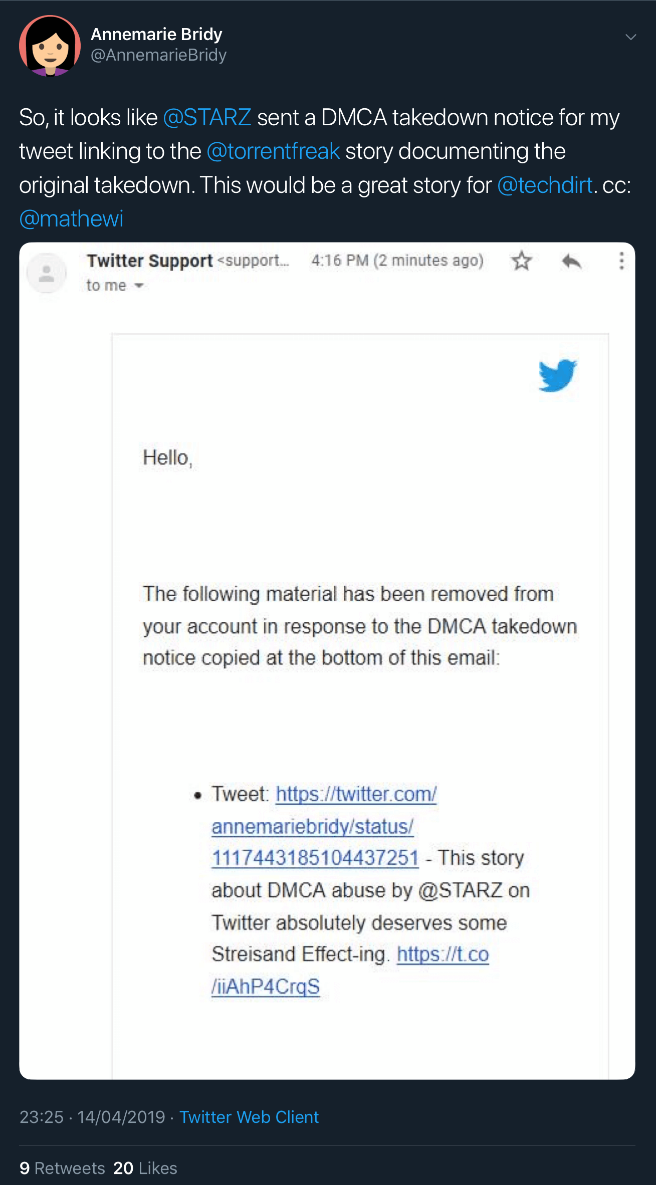 Twitter user Annemarie Bridy receiving a DMCA takedown for linking to TorrentFreak’s response article.