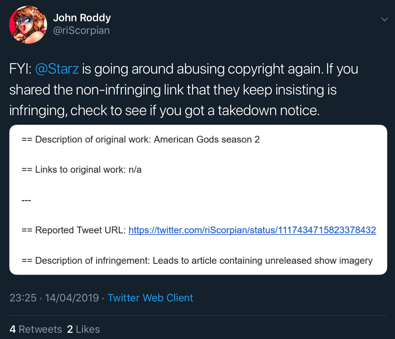 Twitter user John Roddy receiving a DMCA takedown for linking to TorrentFreak’s response article.