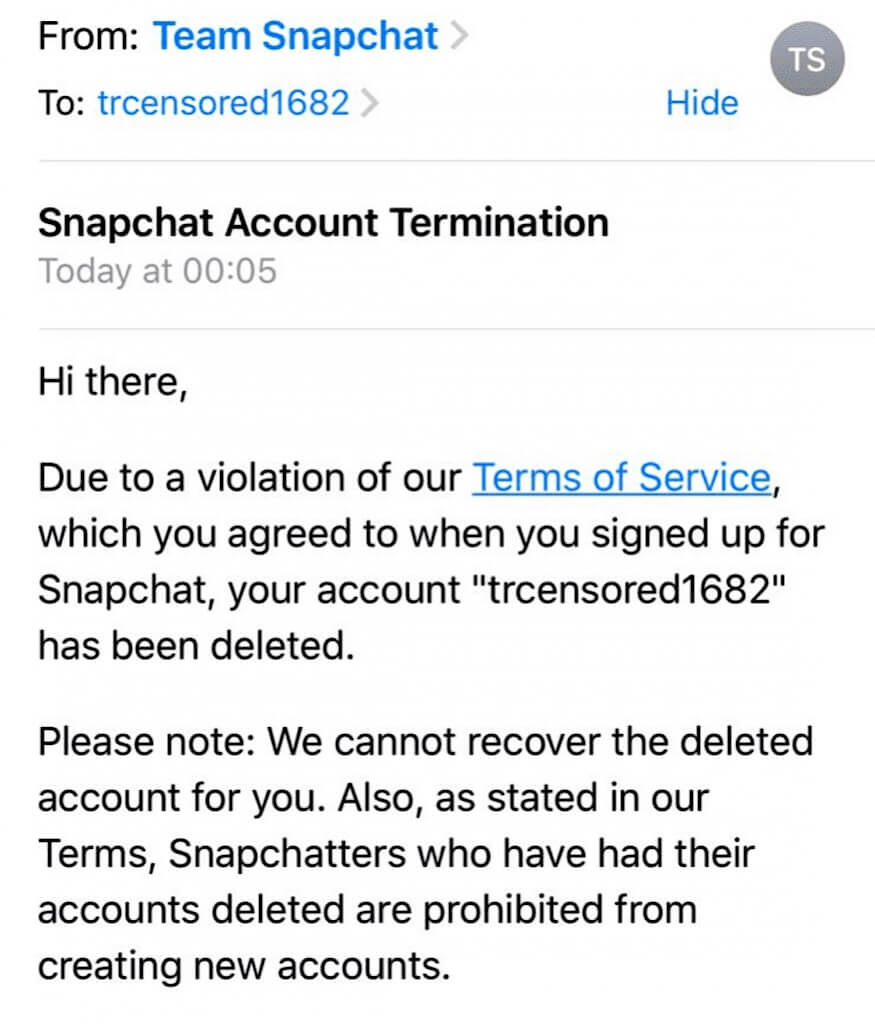 The “Snapchat Account Termination” email that was sent to Tommy Robinson.